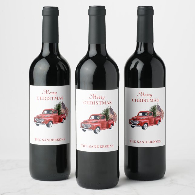 Customised Retro Red Truck American Flag Christmas Wine Label (Bottles)