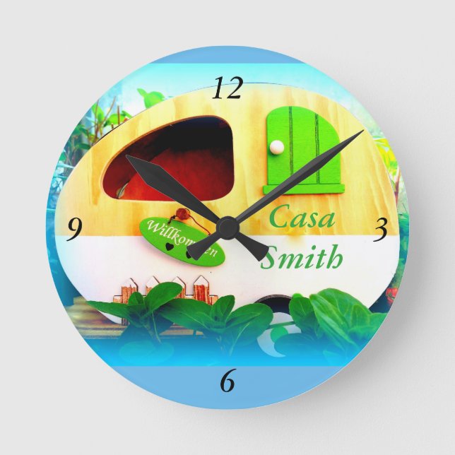 Customised Retro Vintage camper blue Round Clock (Front)