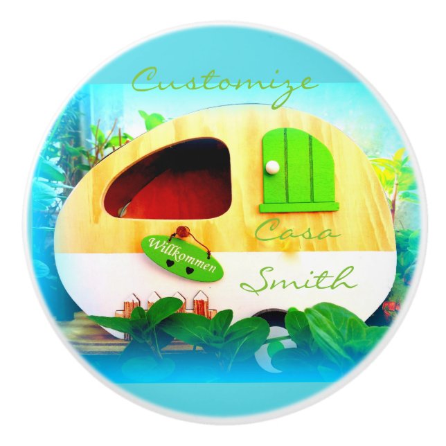 Customised Retro Vintage camper pattern blue Ceramic Knob (Front)