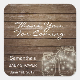 Customised Rustic Mason Jars Baby Shower Wood Square Sticker