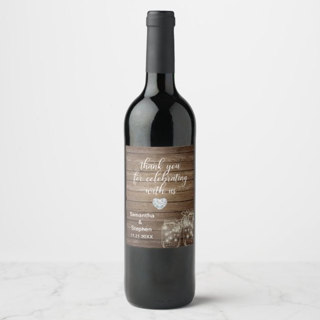 Customised Rustic Mason Jars Wood Hearts Wedding Wine Label (Front)
