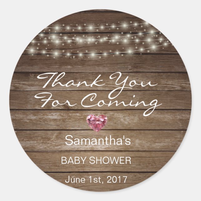Customised Rustic String Lights Baby Shower Wood Classic Round Sticker (Front)
