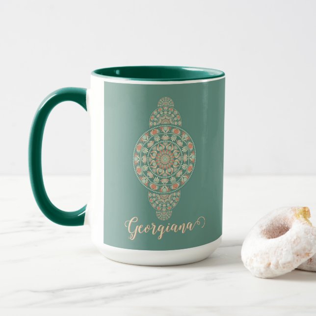 Customised Sage & Sand Retro Ornamental Mandala Mug (With Donut)
