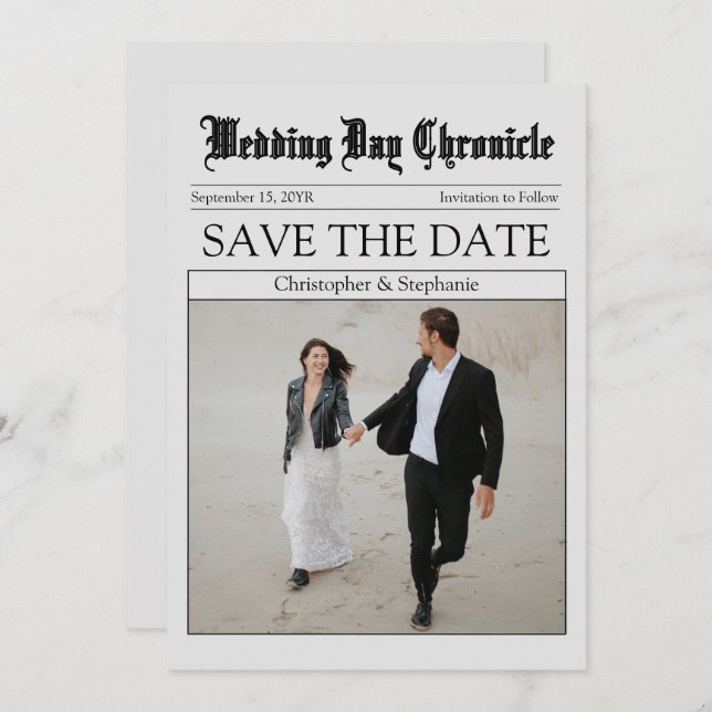Customised Script Minimalist QR Code Newspaper Save The Date (Front/Back)