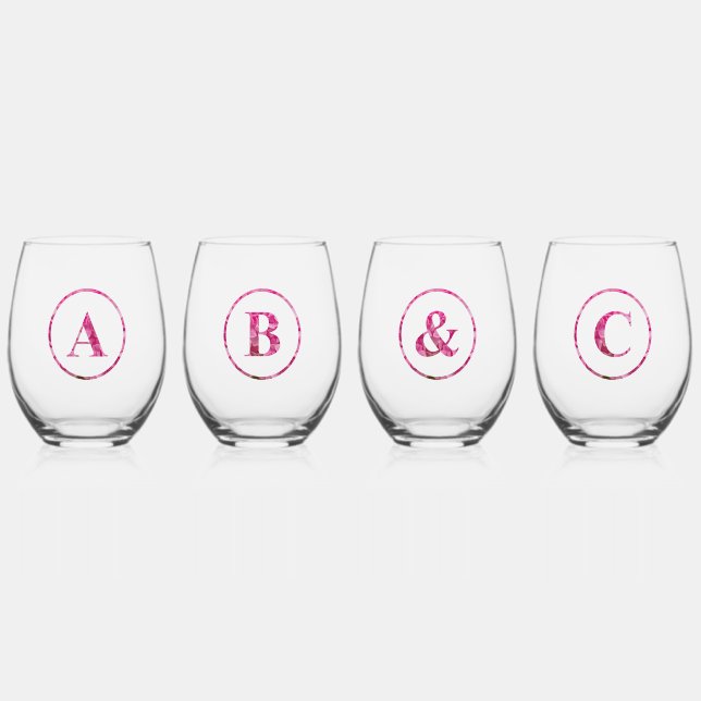 Customised Set, Pink Monogrammed Floral Lettering Stemless Wine Glass (Front)