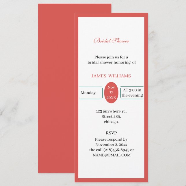 Customised Simple Red Bridal Shower Invitation (Front/Back)