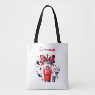 Customised Skull Drink & Bow in Red, Gift for Her Tote Bag