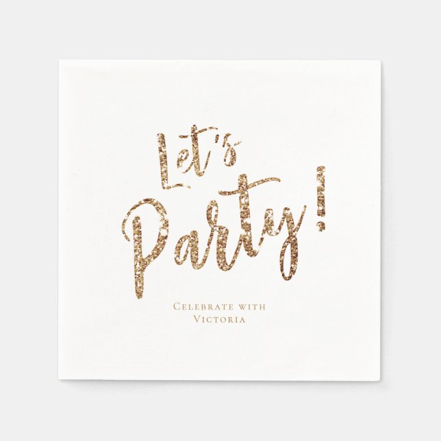 Customised sparkle gold glitter let's party napkin (Front)