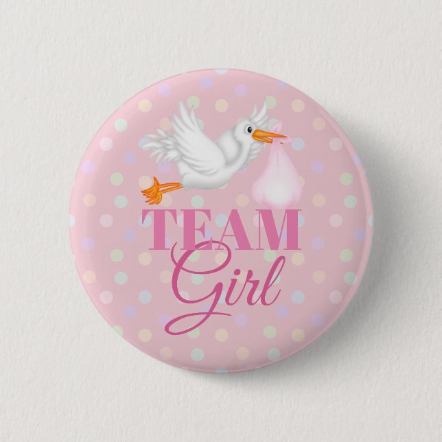 Customised Stork Team Girl Baby Shower Button (Front)