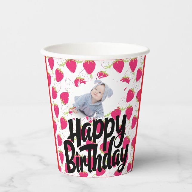 Customised Strawberry Pattern Happy Birthday Paper Cups (Front)