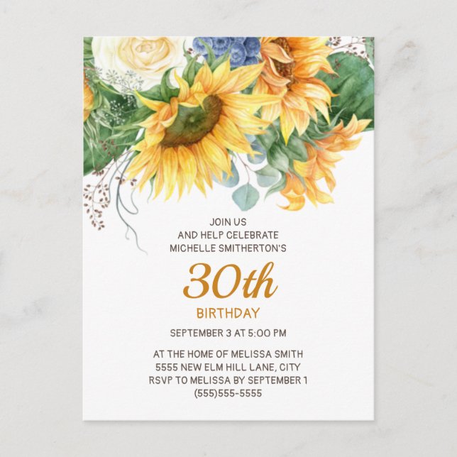 Customised Sunflowers Eucalyptus 30th Birthday Postcard (Front)