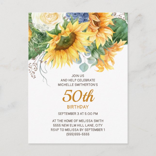 Customised Sunflowers Eucalyptus 50th Birthday Postcard (Front)