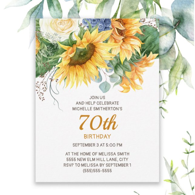 Customised Sunflowers Eucalyptus 70th Birthday Postcard (Sunflowers and eucalyptus women's 70th birthday party postcard invitation)