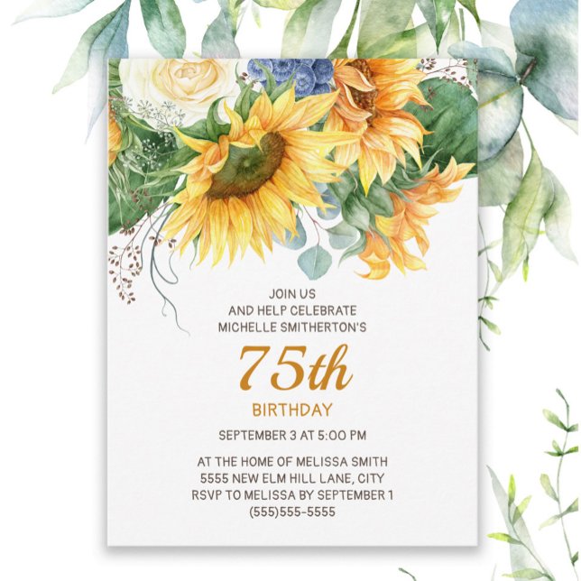 Customised Sunflowers Eucalyptus 75th Birthday Postcard (Sunflowers and eucalyptus women's 75th birthday invitation)