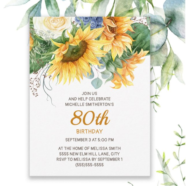 Customised Sunflowers Eucalyptus 90th Birthday Postcard (Sunflowers and eucalyptus women's 80th birthday invitation)