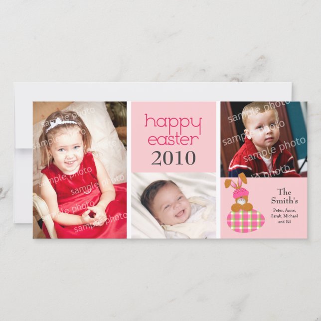 Customised Sweet Happy Easter 3-Photo Card: pink Holiday Card (Front)
