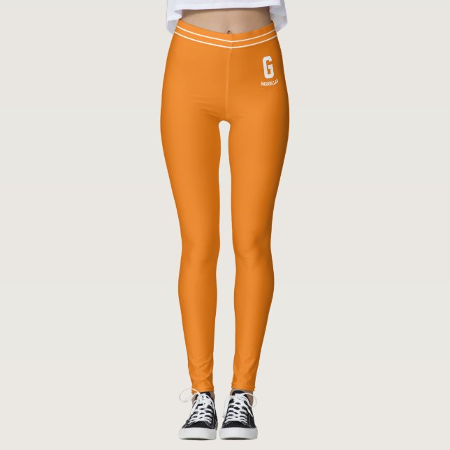 Customised Tangerine Orange White Striped Monogram Leggings (Front)