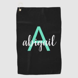 Customised Teal Black Girly Modern Monogram Name Golf Towel