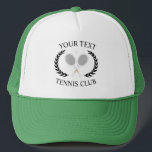 Customised Tennis Club Rackets Ball Logo Wreath   Trucker Hat<br><div class="desc">Minimalist tennis club logo,  with two white tennis rackets,  racquets,  and a grey tennis ball. Featuring your tennis club,  just change the text as you wish and add your tennis club name. Elegant preppy tennis club gift,  tennis coach gift,  tennis player gift,  tennis team gift.</div>