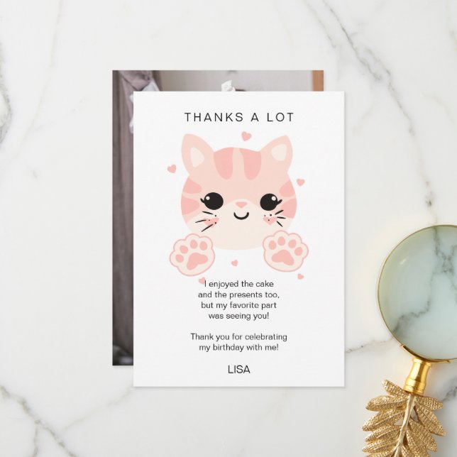 Customised text, photos, cute cat face and paw thank you card (Front/Back In Situ)
