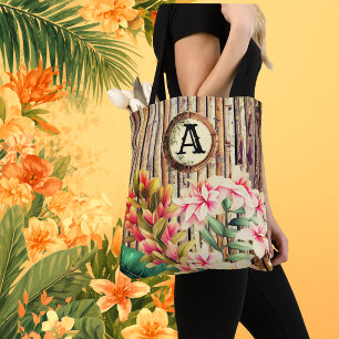 Customised Tropical Bamboo & Flowers Monogram  Tote Bag