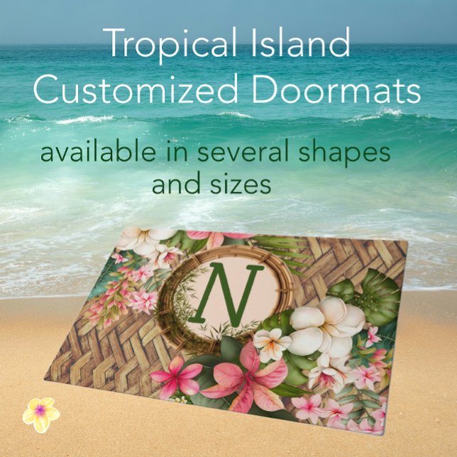 Customised Tropical Beach Monogrammed  Doormat (Welcome friends with this monogrammed tropical island faux rattan exotic flowers doormat!)