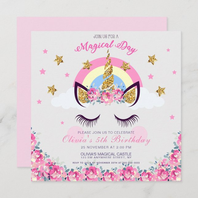 Customised Unicorn Floral 5th Birthday Invitation  (Front/Back)