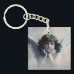 Customised Vintage Angel Key Ring<br><div class="desc">Customise with your business info as a keepsake souvenir for your customers / clients. Someone is watching over you. Beautiful vintage design of a sweet angel with soft white wings and rosy cheeks, holding her face in her hands. Looking peaceful and kind. The background is filled with soft ethereal clouds....</div>