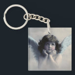 Customised Vintage Angel Key Ring<br><div class="desc">Customise with your business info as a keepsake souvenir for your customers / clients. Someone is watching over you. Beautiful vintage design of a sweet angel with soft white wings and rosy cheeks, holding her face in her hands. Looking peaceful and kind. The background is filled with soft ethereal clouds....</div>