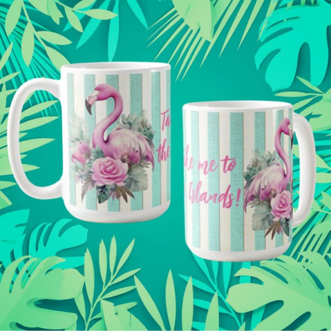 Customised Vintage Retro Tropical Pink Flamingo  Coffee Mug (Take me to the islands, or your own personalized message)