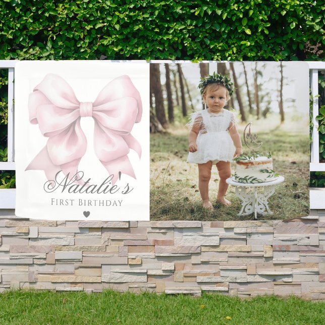 Customised Watercolor Dusty Pink Bow 1st Birthday  Banner (Creator Uploaded)