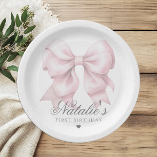 Customised Watercolor Dusty Pink Bow 1st Birthday  Paper Plate