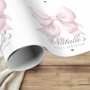 Customised Watercolor Dusty Pink Bow 1st Birthday  Wrapping Paper