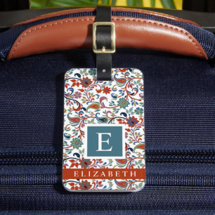 Customised White Floral Red Green Paisley Flowers Luggage Tag