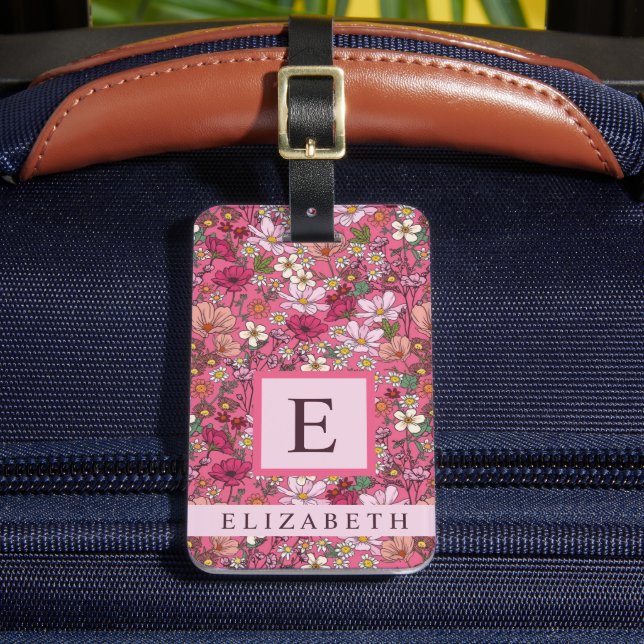 Customised White Flowers Pink Floral Luggage Tag (Front Insitu 2)