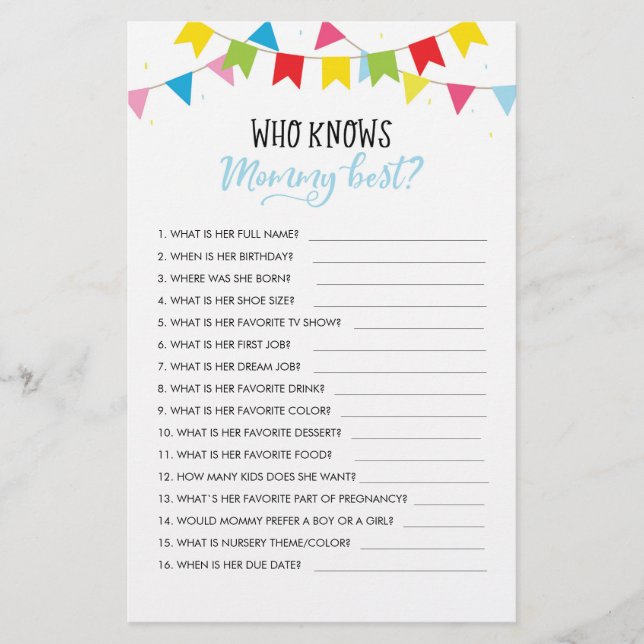 Customised Who knows Mummy Best? Baby Shower Game (Front)