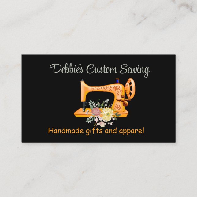 Customised Yellow Sewing Machine on Black  Business Card (Front)