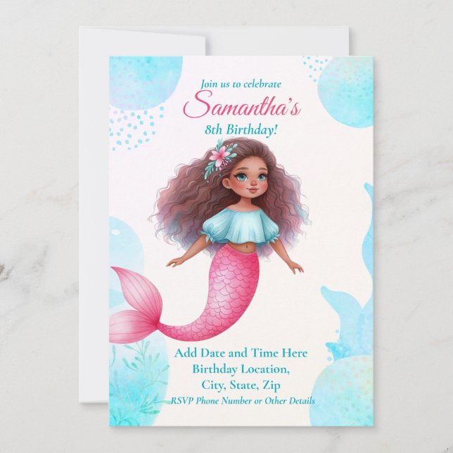 Customizable African American Mermaid Party Invitation (Front)