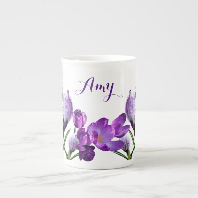 Customizable Amy name floral chic purple crocus Bone China Mug (Front)