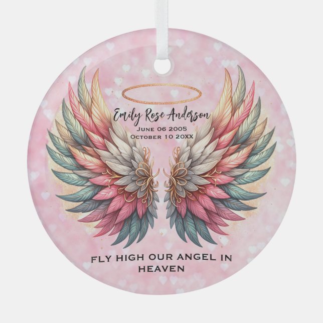 Customizable Angel Wings Memorial  Glass Tree Decoration (Front)