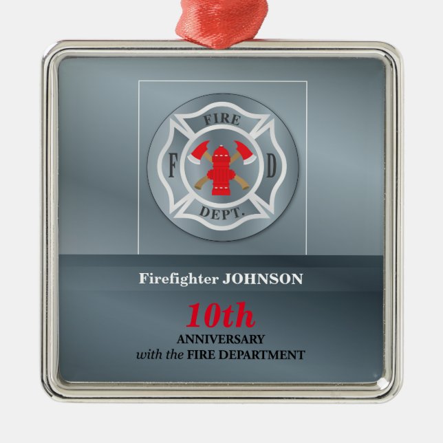 Customizable, Anniversary with Fire Department Metal Tree Decoration (Front)