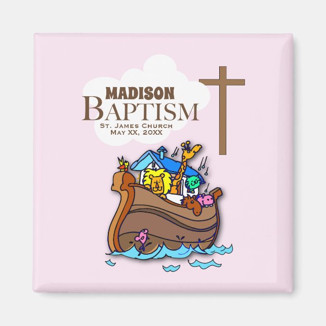 Customizable, Baby Girl Baptism Noah's Ark Magnet (Front)