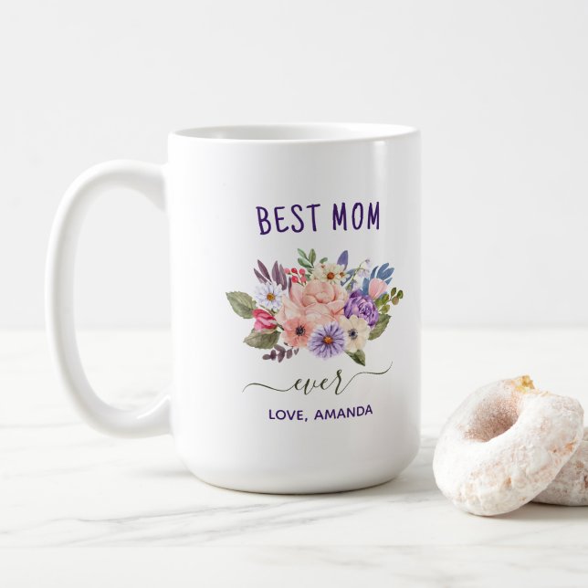 CUSTOMIZABLE Best Mum Ever | Pretty Rustic flowers Coffee Mug (With Donut)