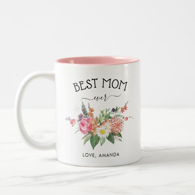 CUSTOMIZABLE Best Mum Ever | Pretty Rustic flowers Two-Tone Coffee Mug (Left)