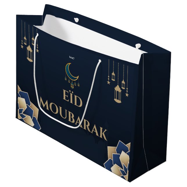 Customizable Blue Eid Moubarak Gift Bag (Front Angled)