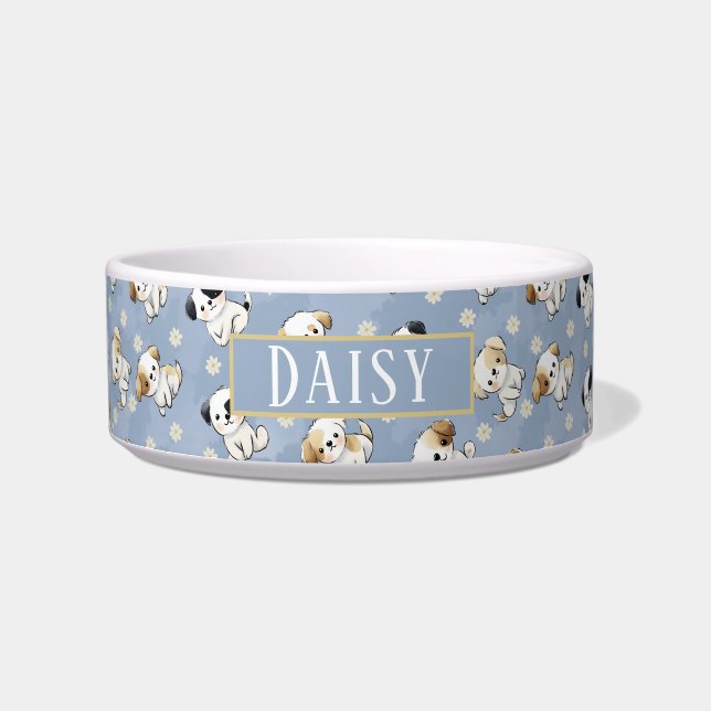 Customizable Blue Puppy and Floral Pattern  Bowl (Front)