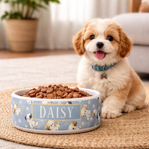 Customizable Blue Puppy and Floral Pattern  Bowl