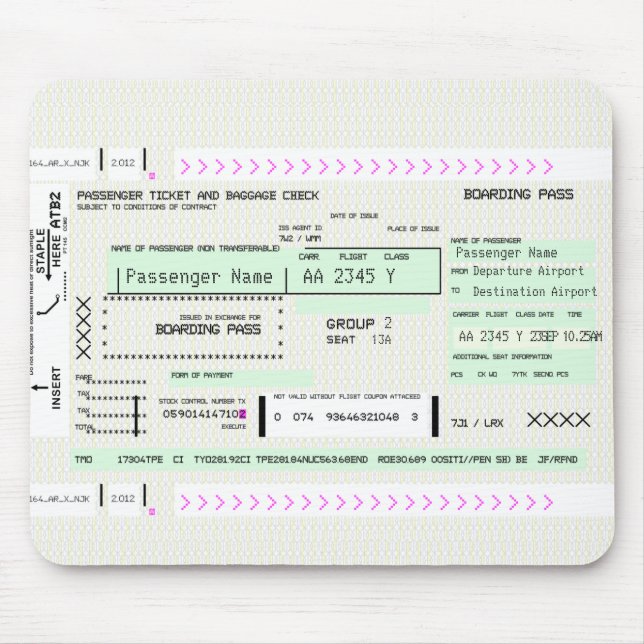 Customizable Boarding Pass Airline Ticket Mouse Mat (Front)