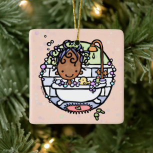 Customizable Bubbly Bath Time Dark Skin Girl Tub Ceramic Ornament