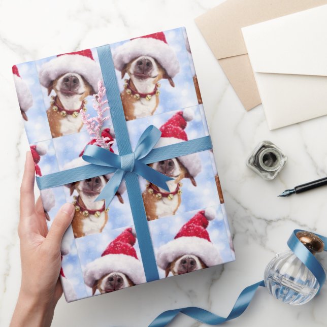 CUSTOMIZABLE Christmas Dog Santa Hat PHOTO Holiday Wrapping Paper (Gifting)